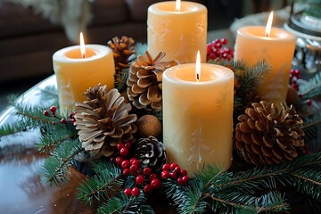 Christmas centerpiece with candles pine cones and red berries set on a beautifully decorated table.
