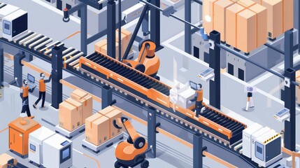 Obraz premium Automated Warehouse with Robots and Workers