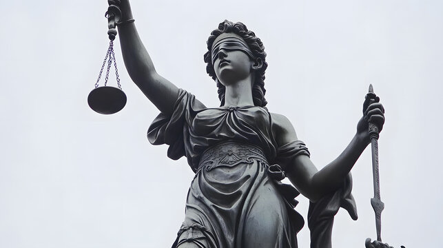 A statue of Lady Justice stands isolated, blindfolded, holding scales and a sword