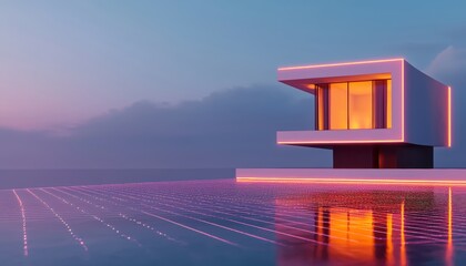 A futuristic home floating on a digital grid, with glowing neon lines tracing the architectural plans, blending modern aesthetics with technical precision
