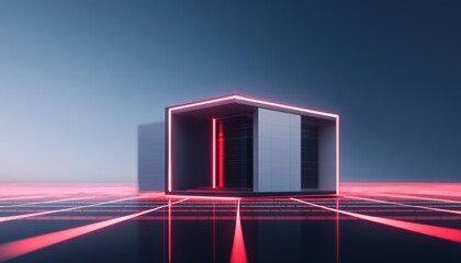 A futuristic home floating on a digital grid, with glowing neon lines tracing the architectural plans, blending modern aesthetics with technical precision