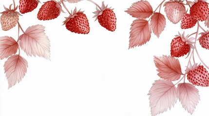 Watercolor painting of ripe strawberries hanging on branches with detailed leaves.