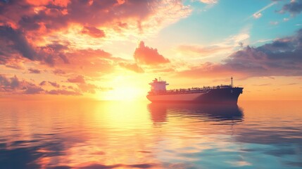 Ocean freight vessel sailing at sunrise with copy space. Natural light. Horizon background