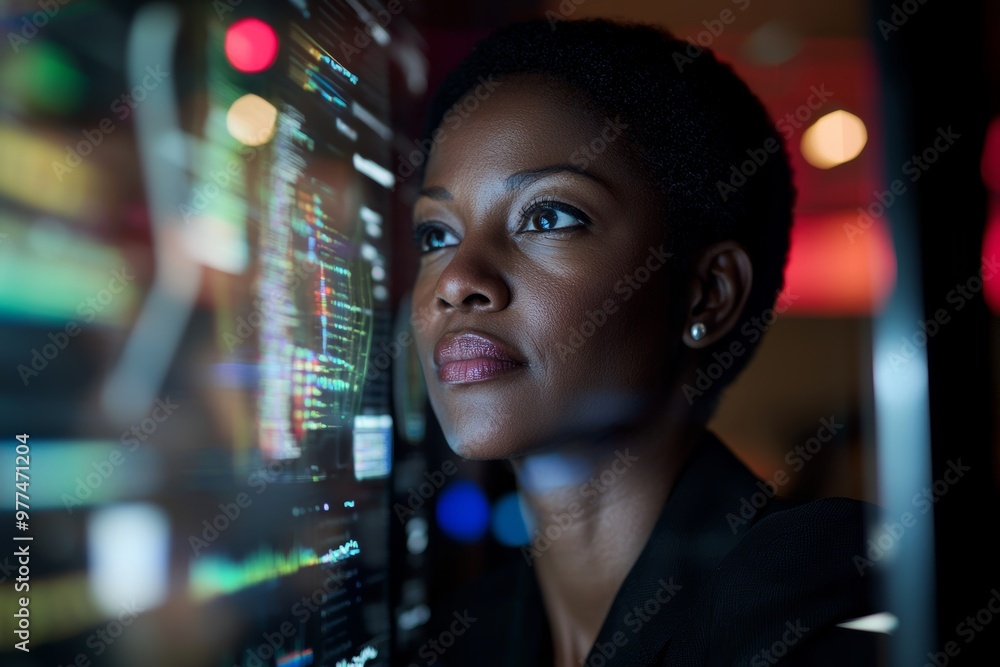 Aufkleber A black woman working in an office with a futuristic graphical user interface. ICT (Information Communication Technology). System engineering.