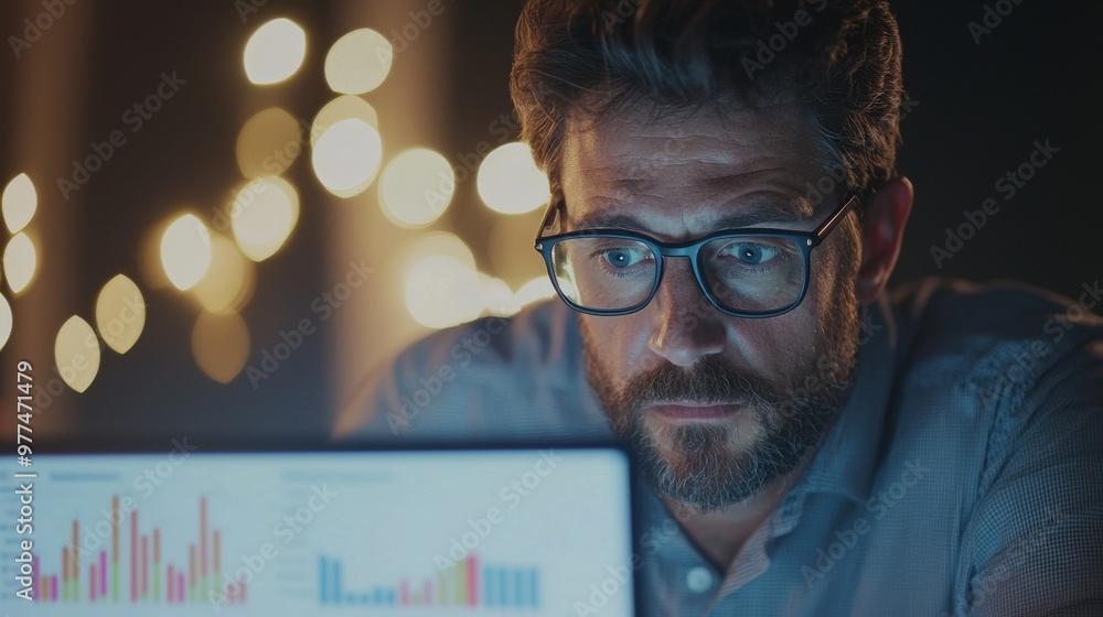 Aufkleber Analysis of data to increase sales and revenue. Man sitting with laptop and generating graphs. Adaptive stock.