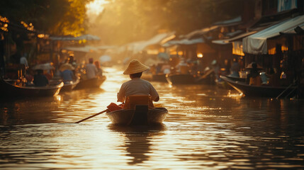 Thai floating market golden light