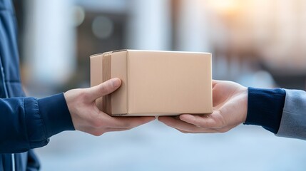 A person hands a small cardboard box to another, symbolizing delivery and service in a modern urban environment.