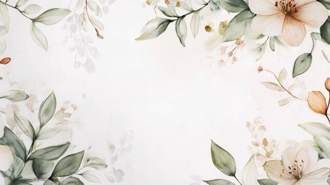 A botanical frame on a white background with soft watercolor leaves and subtle flower details, giving the invitation a natural, organic feel.