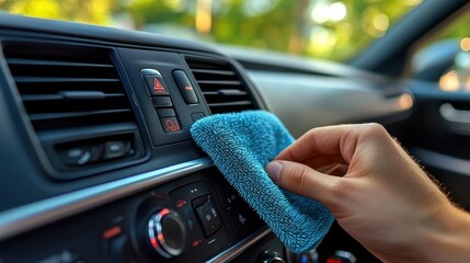 17. A person wiping down the dashboard and interior of a car, using a microfiber cloth to clean the buttons and air vents, leaving a spotless finish