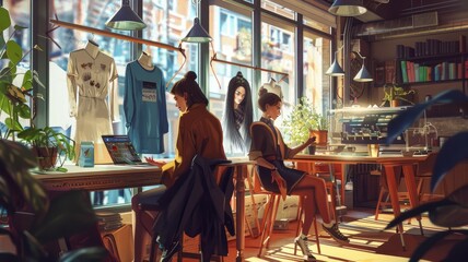 A fashion illustrator in a trendy cafe with an AI assistant as digital fashion models displaying outfits, offering design suggestions. Natural light creates a cozy atmosphere. AIG60