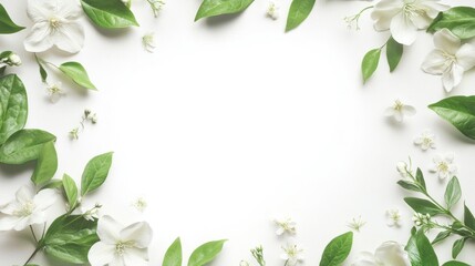 Naklejka premium A botanical wedding frame featuring delicate green leaves and soft white flowers, arranged around the edges of a clean white background, ideal for an elegant wedding invitation.