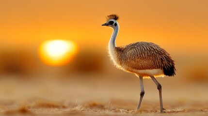 Desert Emu in Dusk Glow, Majestic large bird standing in arid terrain, Sunset hues enhancing its wild beauty
