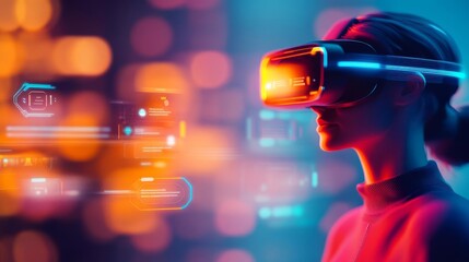 Virtual reality UX design tool, holographic environments, glowing interactions, futuristic app simulation