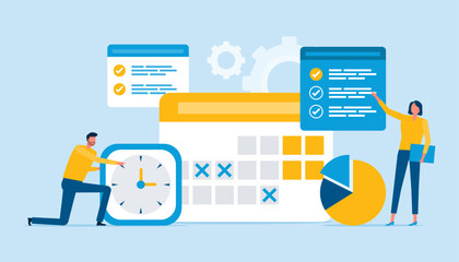 Business planning concept and Business people team working with digital calendar online. Flat vector illustration design
