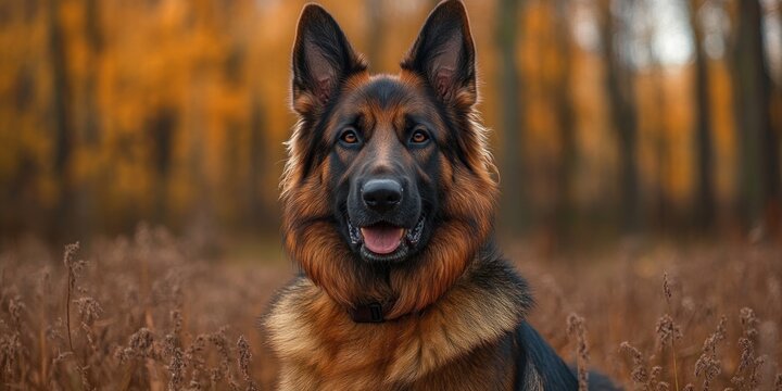 A cheerful German Shepherd is being trained outdoors amidst colorful autumn foliage