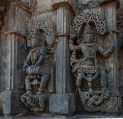 Intricate carvings and sculptures of the Hoysala temples in Belur, India.