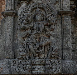 Intricate carvings and sculptures of the Hoysala temples in Belur, India.