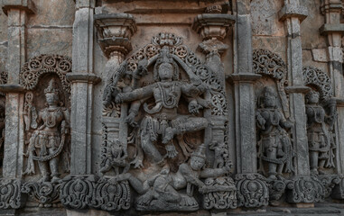 Intricate carvings and sculptures of the Hoysala temples in Belur, India.