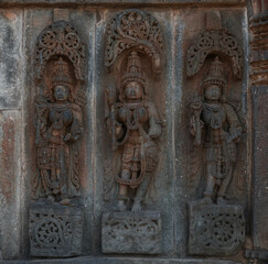 Intricate carvings and sculptures of the Hoysala temples in Belur, India.