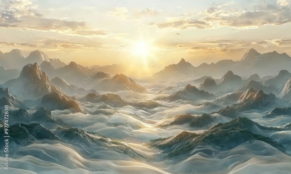 Poster this panoramic image shows a colorful sunrise in the mountains. it is filtered with a cross processe