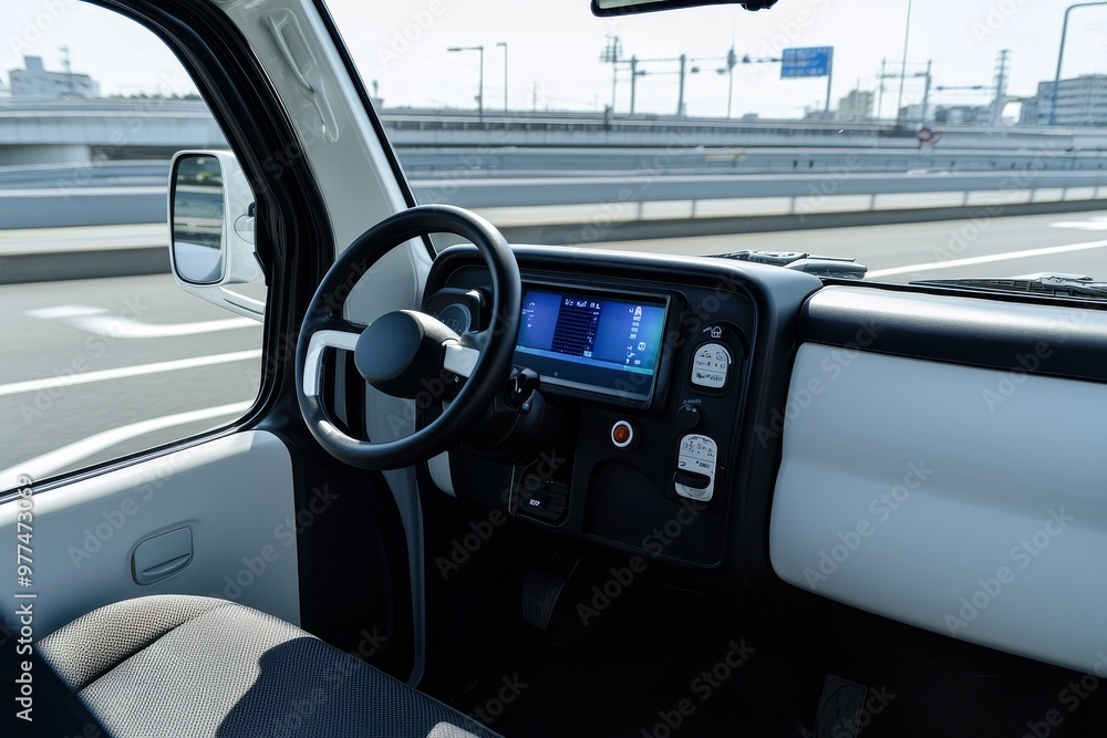 Leinwandbilder an empty cockpit of a vehicle with a digital speedometer and a head-up display (hud)