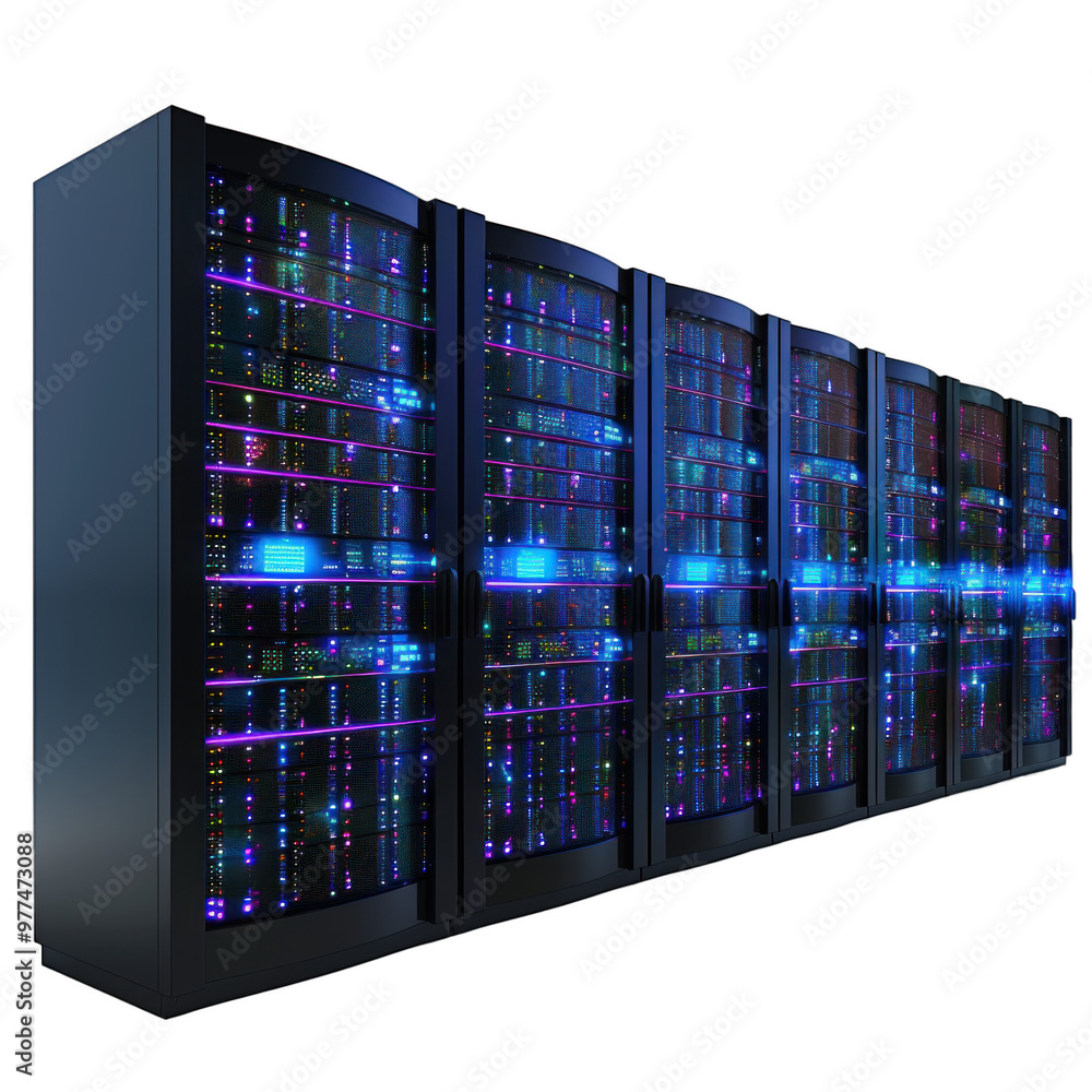 Poster modern server room environment with multiple racks working with led lights on hosting, data processi
