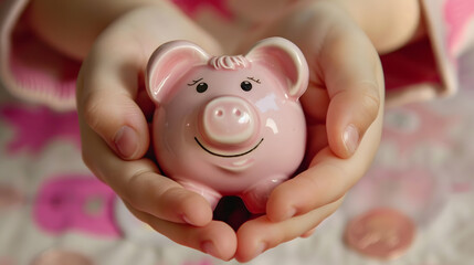 A hand holds a piggy bank