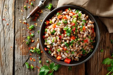 A bowl of traditional Southern dish Hoppin' John made with black-eyed beans, rice and vegetables garnished with green onions, linen napkin, bright natural light, rustic wood table in background.