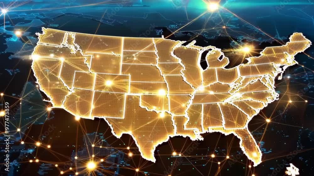 Poster a digital network representation of the americas with glowing connections and a bright light source 