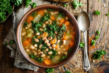 Photo, a wholesome soup made with black-eyed peas, carrots, kale, and spices, served in a rustic bowl with a spoon on the side, top-down composition, soft natural lighting, wooden table background