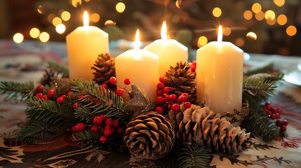 Christmas centerpiece with candles pine cones and red berries set on a beautifully decorated table.