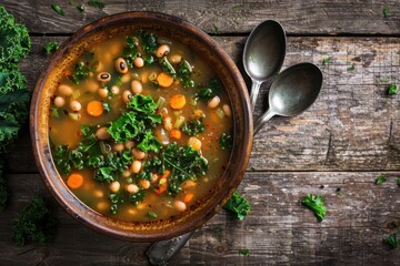 healthy vegetarian soup made with black eyed beans, carrots, cabbage and spices, served in a rustic bowl with spoons on the side, top view, Copy space
