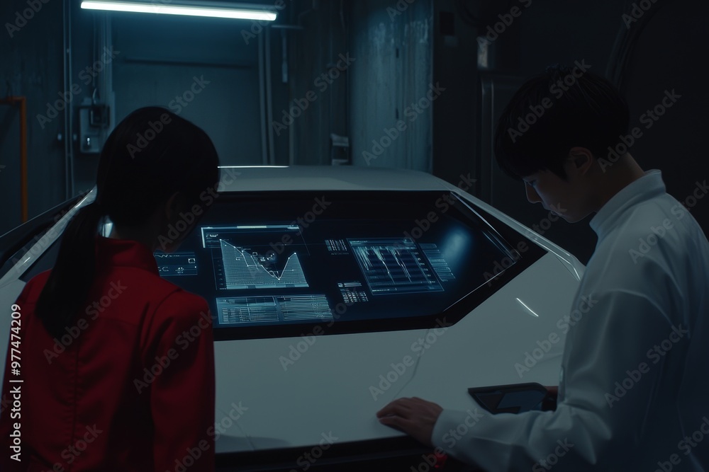 Poster In front of an Internet of things display, two individuals are using Graphical User Interfaces (GUIs). Head up displays (HUDs).