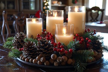 Christmas centerpiece with candles pine cones and red berries set on a beautifully decorated table.