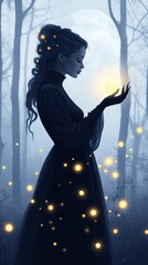 Glamorous witch in a shimmering gown, casting a spell in a moonlit forest, surrounded by mystical Halloween lights