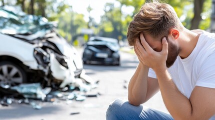 A man in a white t-shirt is distraught, sitting with his face in his hands in front of two severely damaged cars, visually showing despair and confusion, possibly due to a recent accident.
