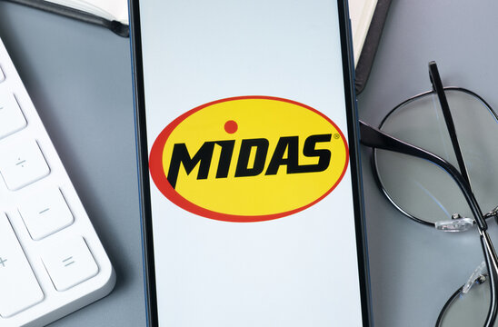 New York, USA - 30 August 2024: Midas Logo on Phone Screen, Company Icon on Display