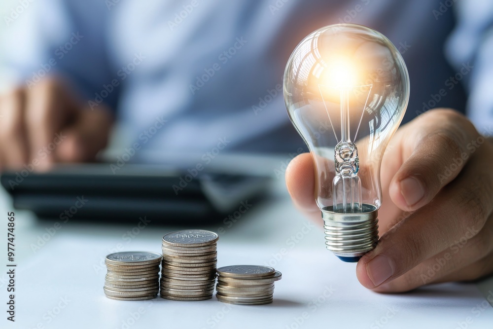 Poster lightbulb holder with calculator to calculate and money stack in office. idea of saving energy and a