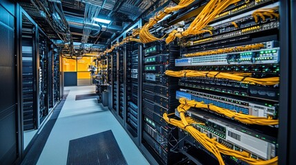A data center setup with advanced wireless solutions, featuring multiple access points and network redundancy, ensuring high availability and coverage.