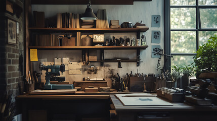 A cozy corner in an artisan workshop with vintage tools, rustic wood shelves, and handcrafted items in various stages of completion