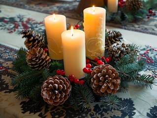 Christmas centerpiece with candles pine cones and red berries set on a beautifully decorated table.