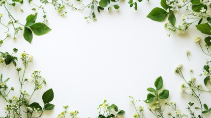 Obraz premium A delicate botanical wedding frame with soft green leaves and wildflowers wrapping around the page, creating a natural, elegant look on a white background.