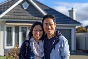 Fototapeta premium A man and woman are posing for a picture in front of a house, generative ai image.,