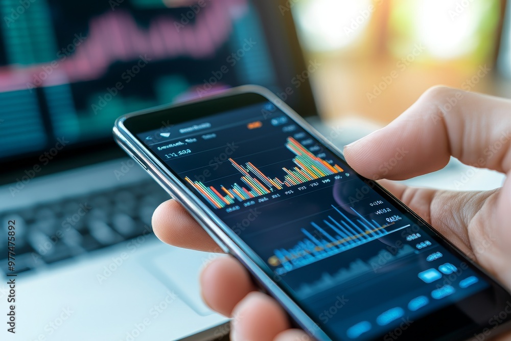 Aufkleber Analyzing stock market data on a smartphone or computer with an investor's financial dashboard