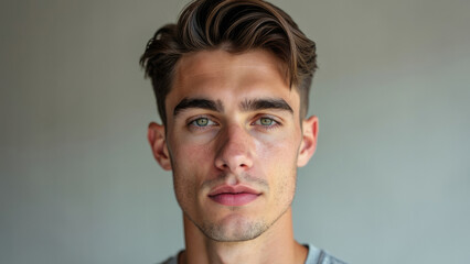 Obraz premium A close-up shot of a young man with neatly styled light brown hair, wearing a casual shirt. The subject gazes directly at the camera with an intense expression, inviting the viewer into the portrait.