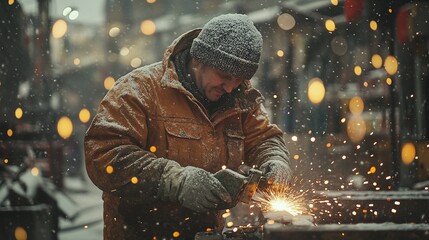a worker in snowy conditions grinding metal, illustrating the dedication and professionalism needed in industrial settings