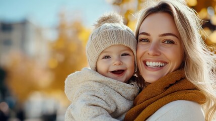 Obraz premium A cheerful mother holds her smiling baby on a sunny autumn day, both warmly dressed, capturing the joy and warmth of family moments in a picturesque setting.