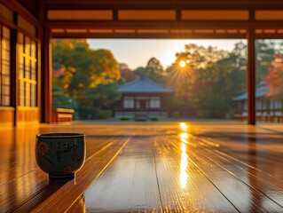 A cup rests on the wooden floor as the sun sets, casting warm light across the tranquil atmosphere of a zen garden in a spa salon
