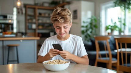 A boy appears focused while using a smartphone at the breakfast table, captured in a home setting, representing the intersection of technology and modern childhood. - Powered by Adobe