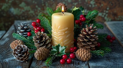 Christmas candle centerpiece surrounded by pine cones red berries and green foliage set on a rustic wooden table.